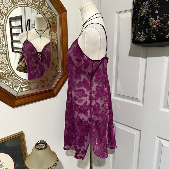 Y2K Secret Treasures Dark Plum Purple Sheer Mesh Floral Lace Up Mini Slip Dress - Picture 4 of 8
